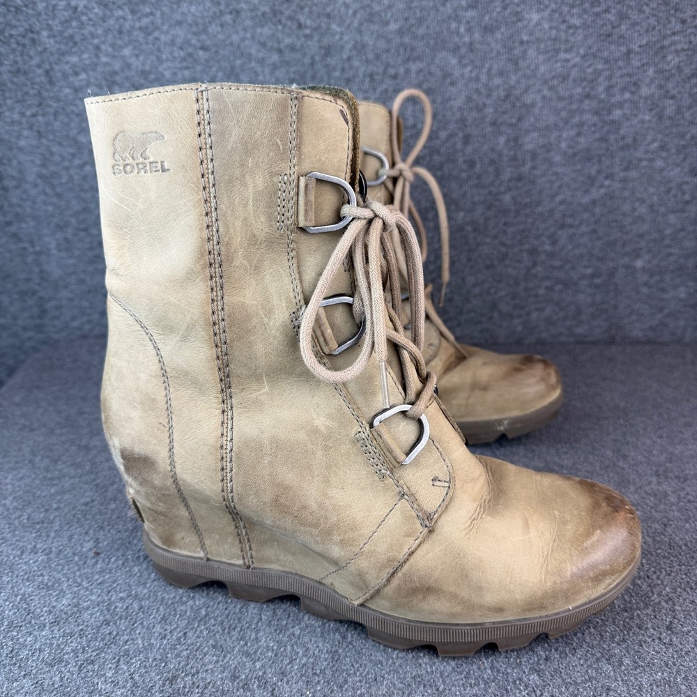 Sorel Joan of Arctic Wedge II Tan Leather Lace Up Ankle Boots Womens 9.5